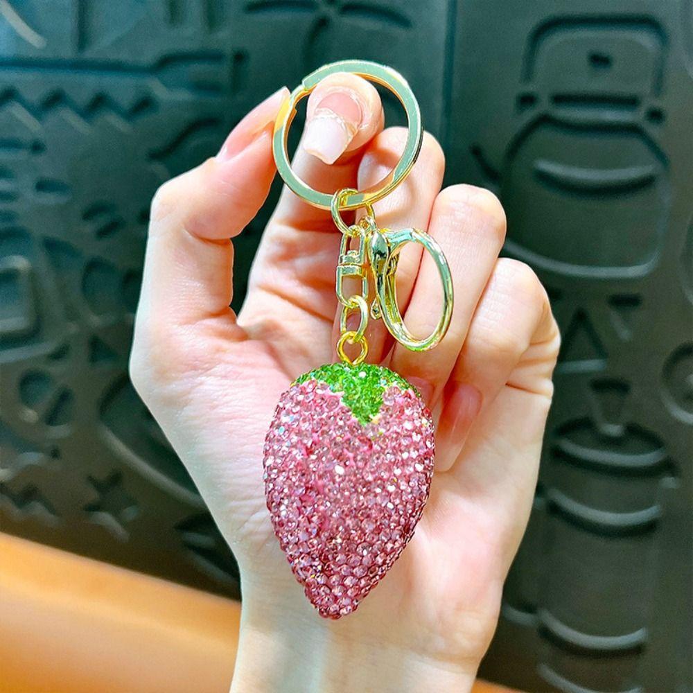 Crystal Strawberry Rhinestone Keychain Sparkling Car Keyring Funny Rhinestone Pendant  Jewelry Gift