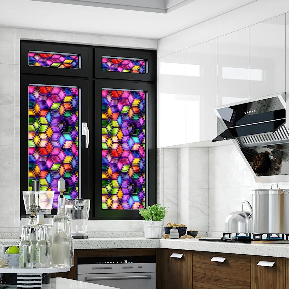 Colorful Stained Glass Window Film Retro Flowers Pattern Non-adhesive Window Decals Static Clings Non-Adhesive Window Stickers