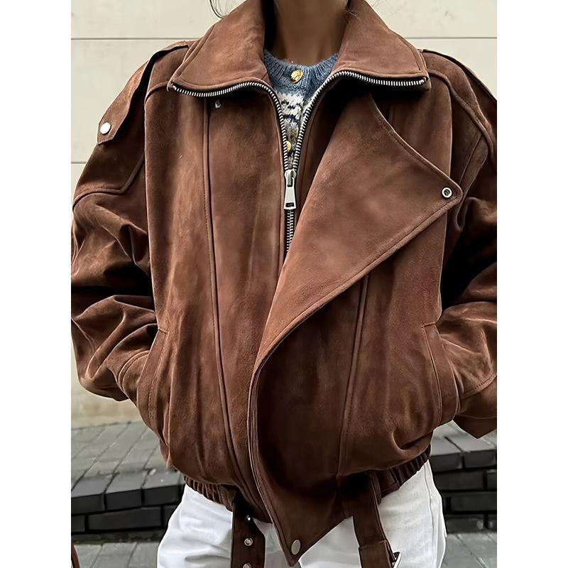 Yamano Tour Brown Beauty Style Retro Maillard Cool Style Lapel Suede Motorcycle Clothing Jacket Loose Short coat