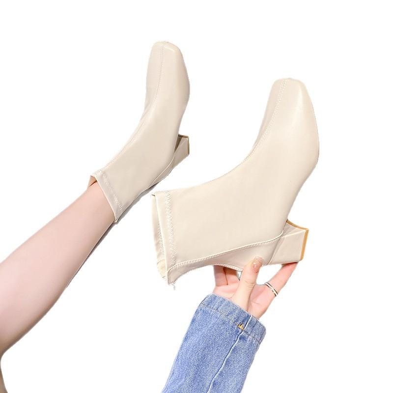 Fashion Luxury Women Mid-calf Boots Autumn Winter Retro Elegant Square Toe Ankle Boots Fashion Sexy Lady Leather Motorcycle Boots Botas