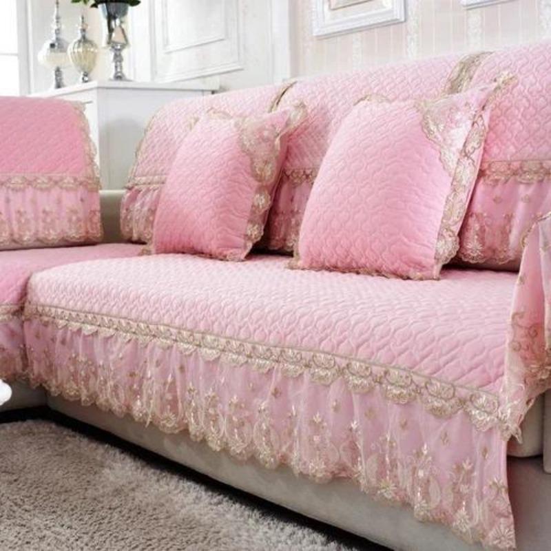European Style Large Skirt Sofa Mat Four Seasons Short Plush Anti Slip Sofa Cover Simple Lace Solid Color Backrest Towel