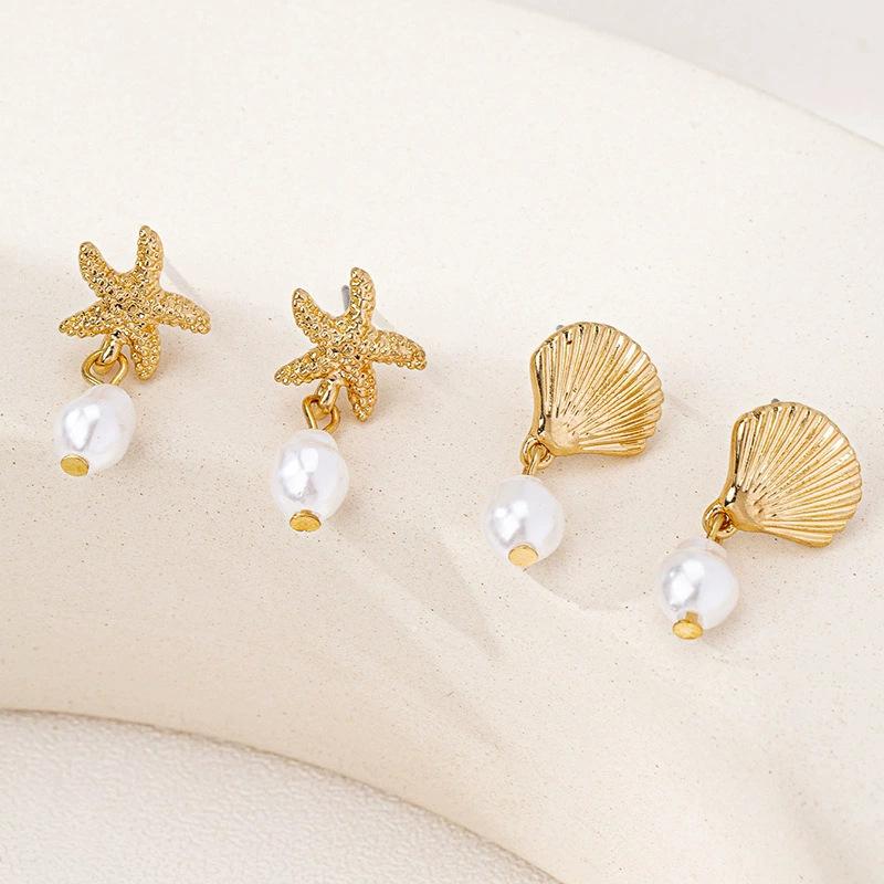  Creative Star Seashell Zircon Earrings 6 Piece Set for Women Electroplated Alloy Vacation Style Fresh and Sweet