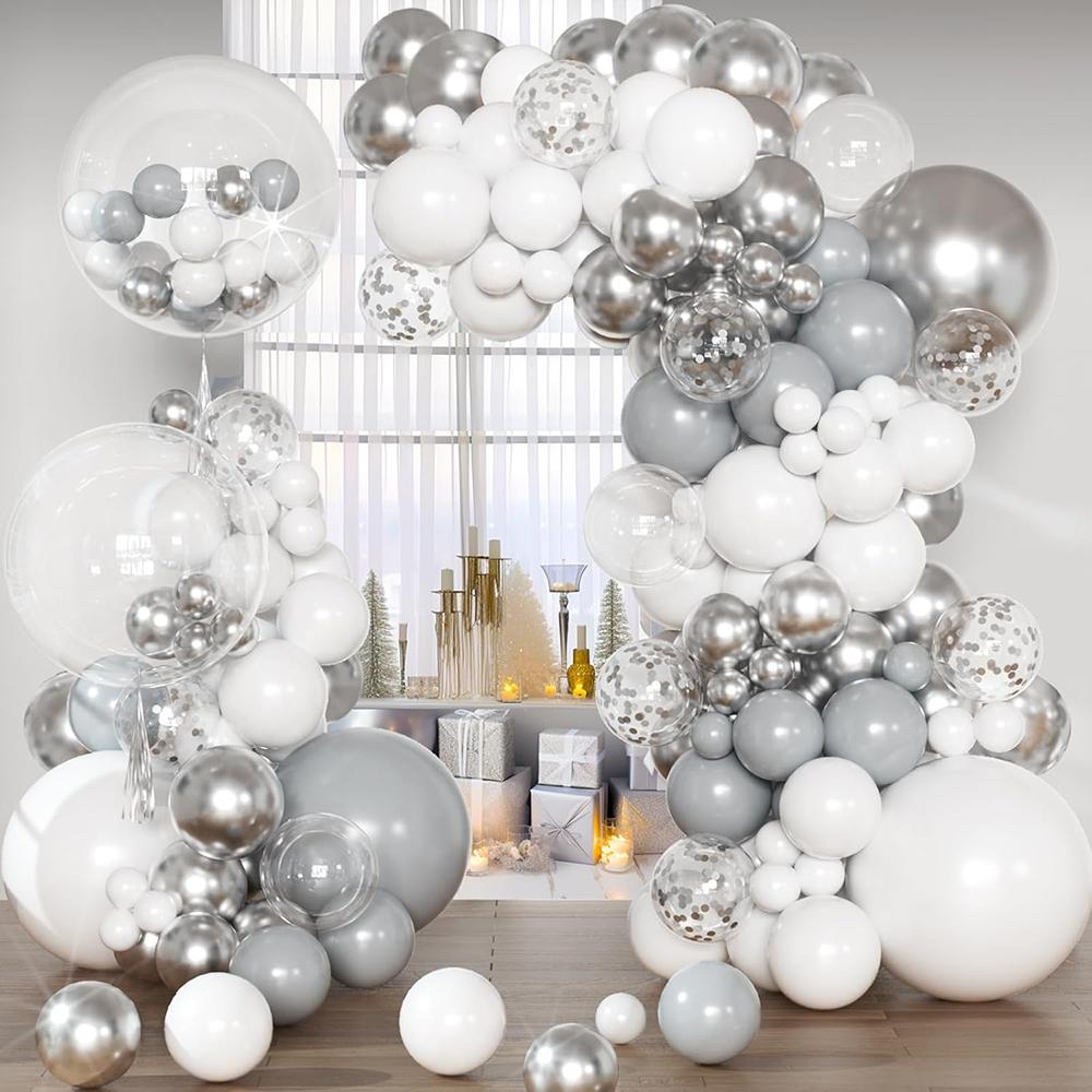 Christmas White Balloons Garland Grey Silver Confetti Balloon Arch Kit Xmas Home Party Wedding Anniversary Birthday Party Decor