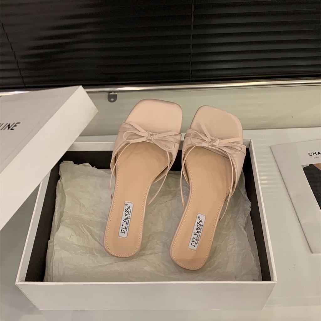 Thick heel bow French small cool slippers fairy shoes outer wear 2025 new summer skirt silver sandals