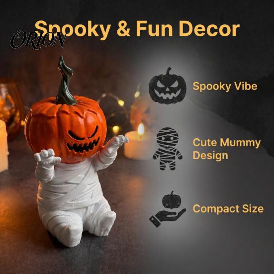 Halloween Themed Collectibles Pumpkin Head Mummy Statue, Funny Decorations, Cute Sitting Unique Party Supplies Resin Figurine for Desktop Shelf Sitter