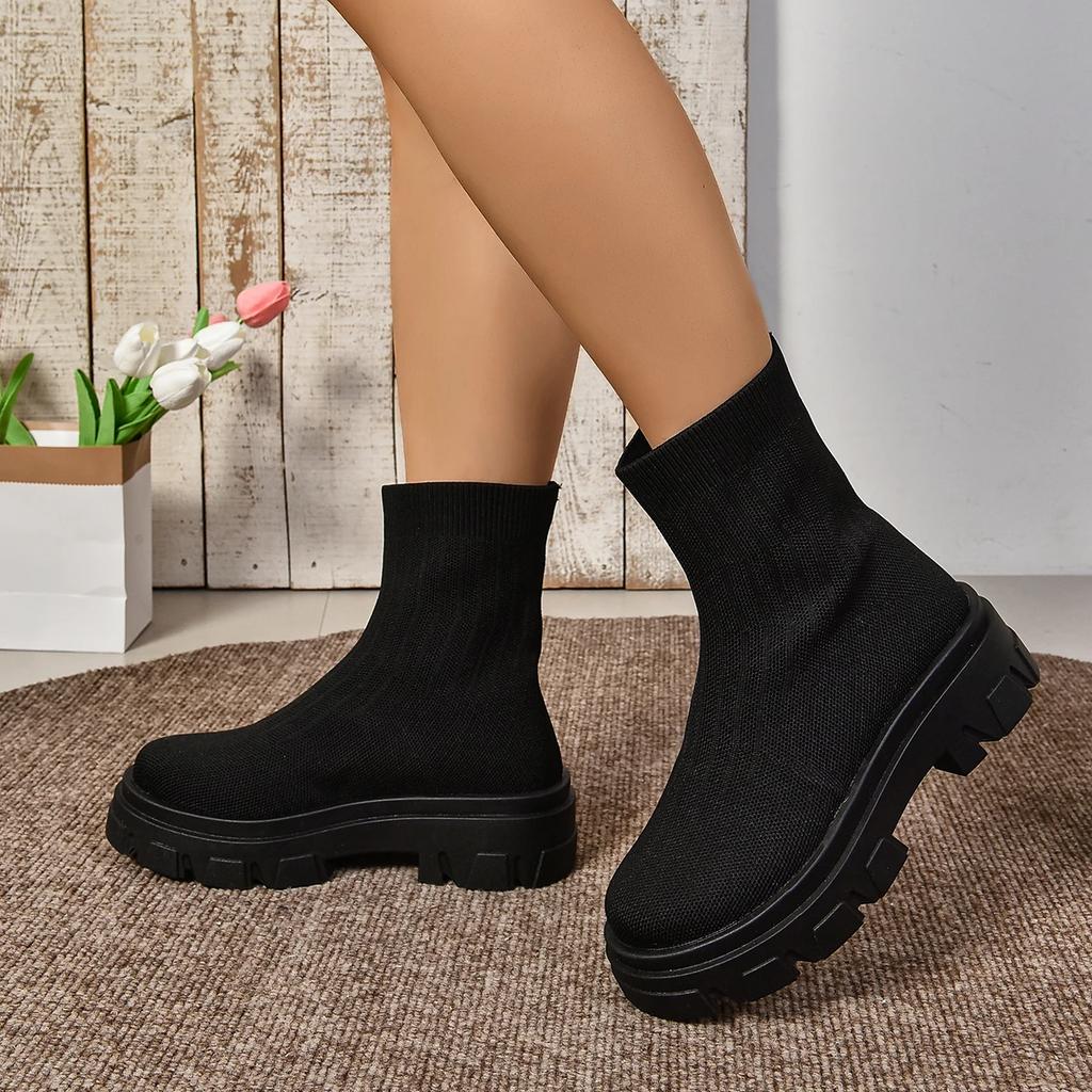 Mode Neue Frühling/Herbst Damenstiefel Mittelhoch Absatz Slipper für Damen Outdoor Kleid Rund Zehenbereich Sockenstiefel Blockabsatz Plateauschuhe
