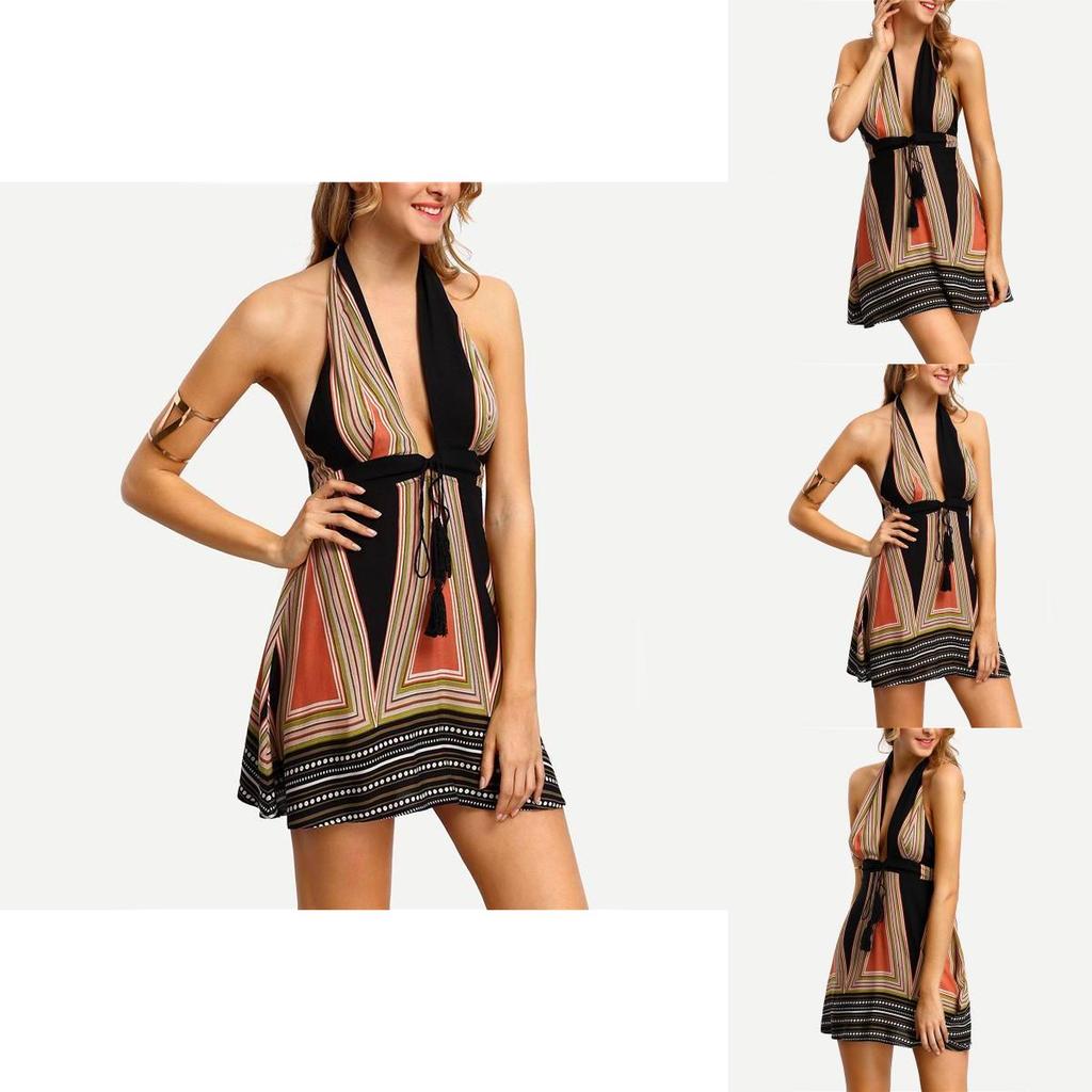 Sexy Deep Vneck Hanging Neck Short Skirt Womens Backless Beach Dress With Cotton Blend Fabric