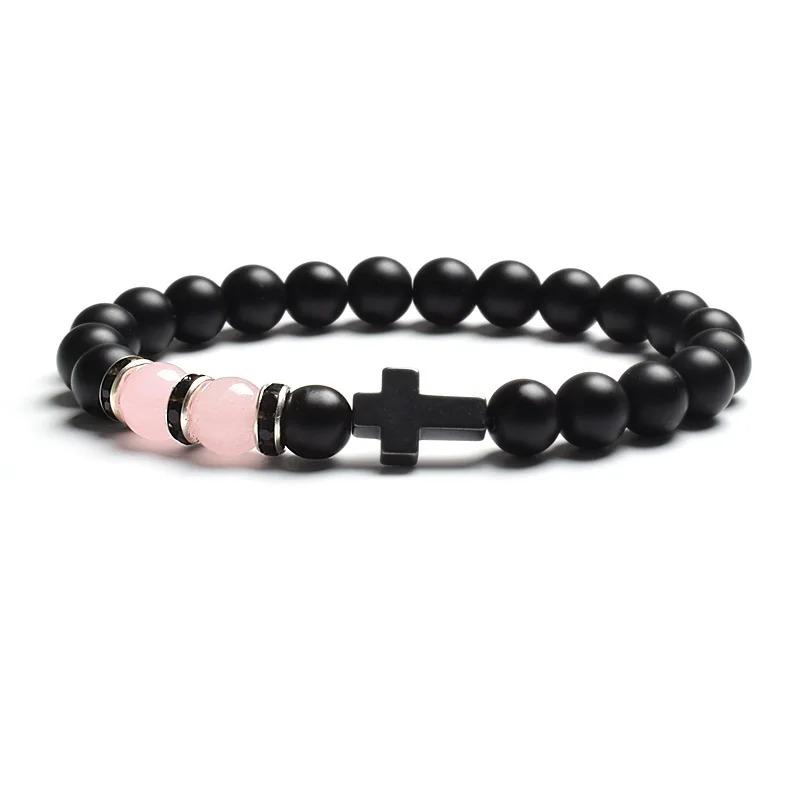 Fashion Religion Cross Men Women 8mm Natural Stone Tiger Eye & Black Matte Agates Bead Bracelet Elastic Bracelet Bangle Jewelry