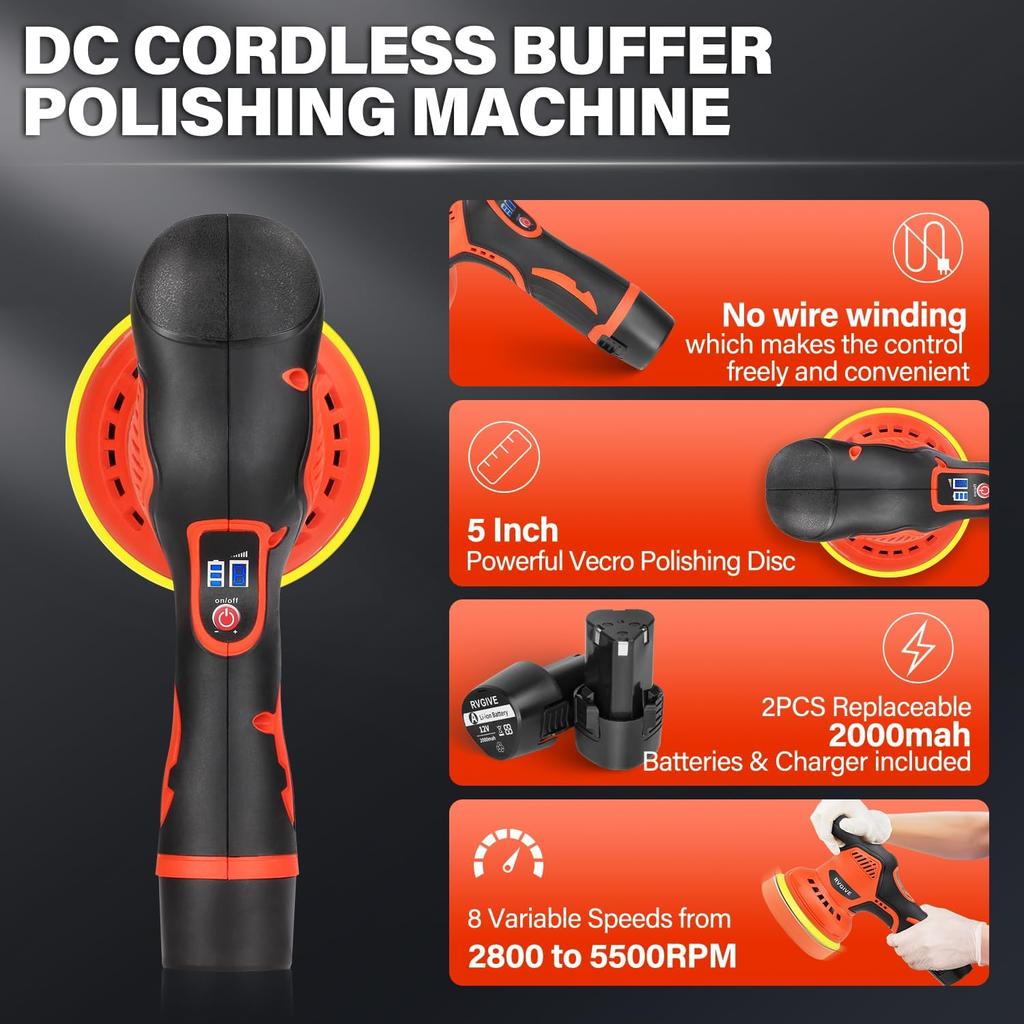 Cordless Car Buffer Polisher, 12V Brushless, 8-Speed Variable, 2800-5500RPM, for Car & Boat Polishing, Detailing, Waxing, Scratc