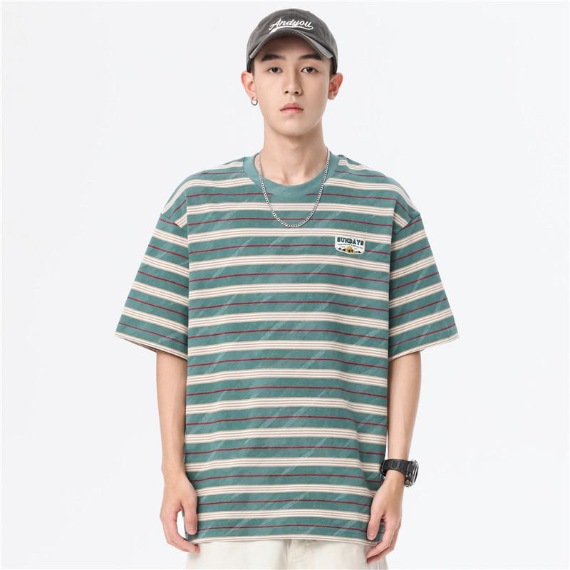 Men's Loose Fit Striped Cotton Crew Neck T-Shirt with Embroidery