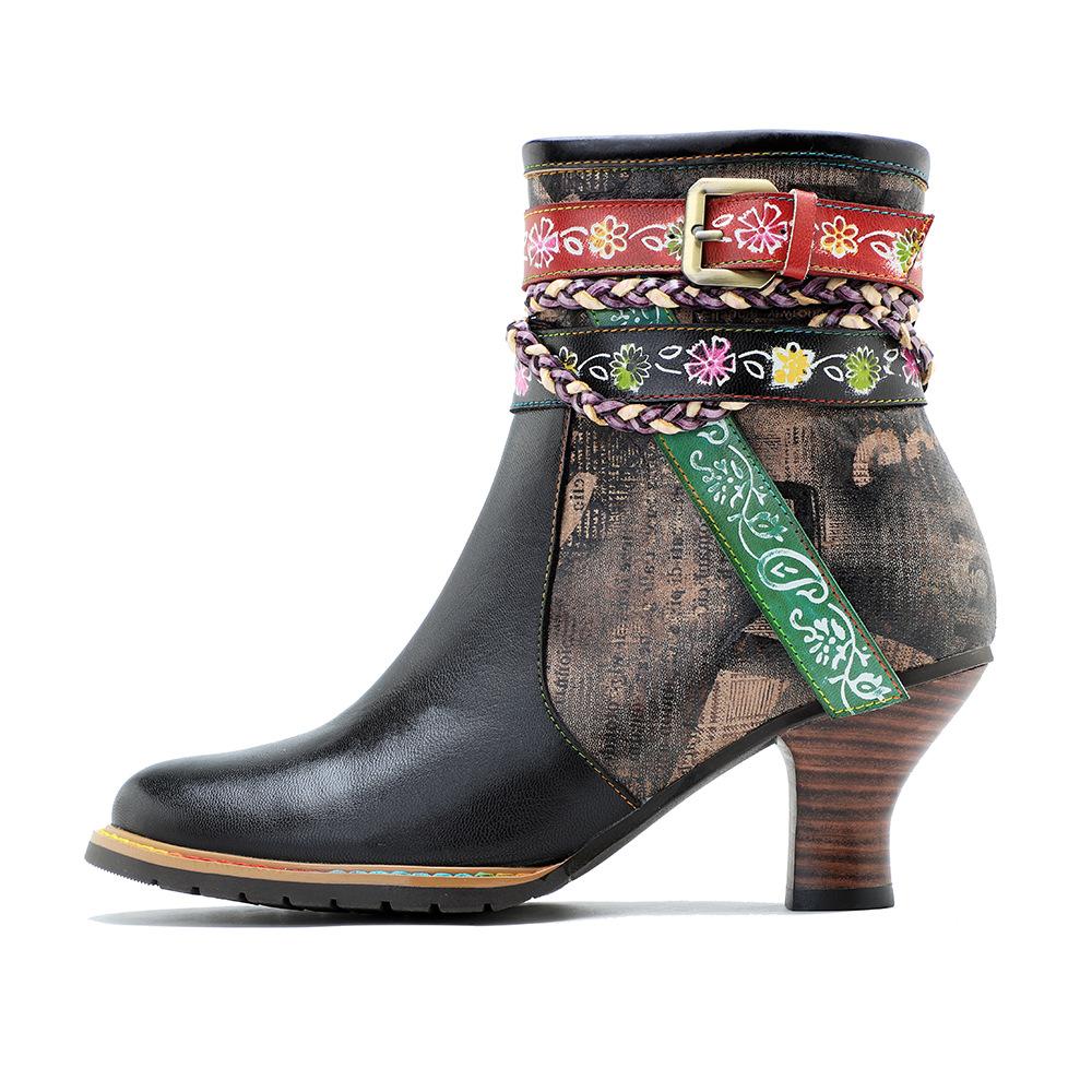 Johnature Echtes Leder frauen Kurze Stiefel Retro Woven Gürtel Schnalle Mode Dame High-heeled Schuhe