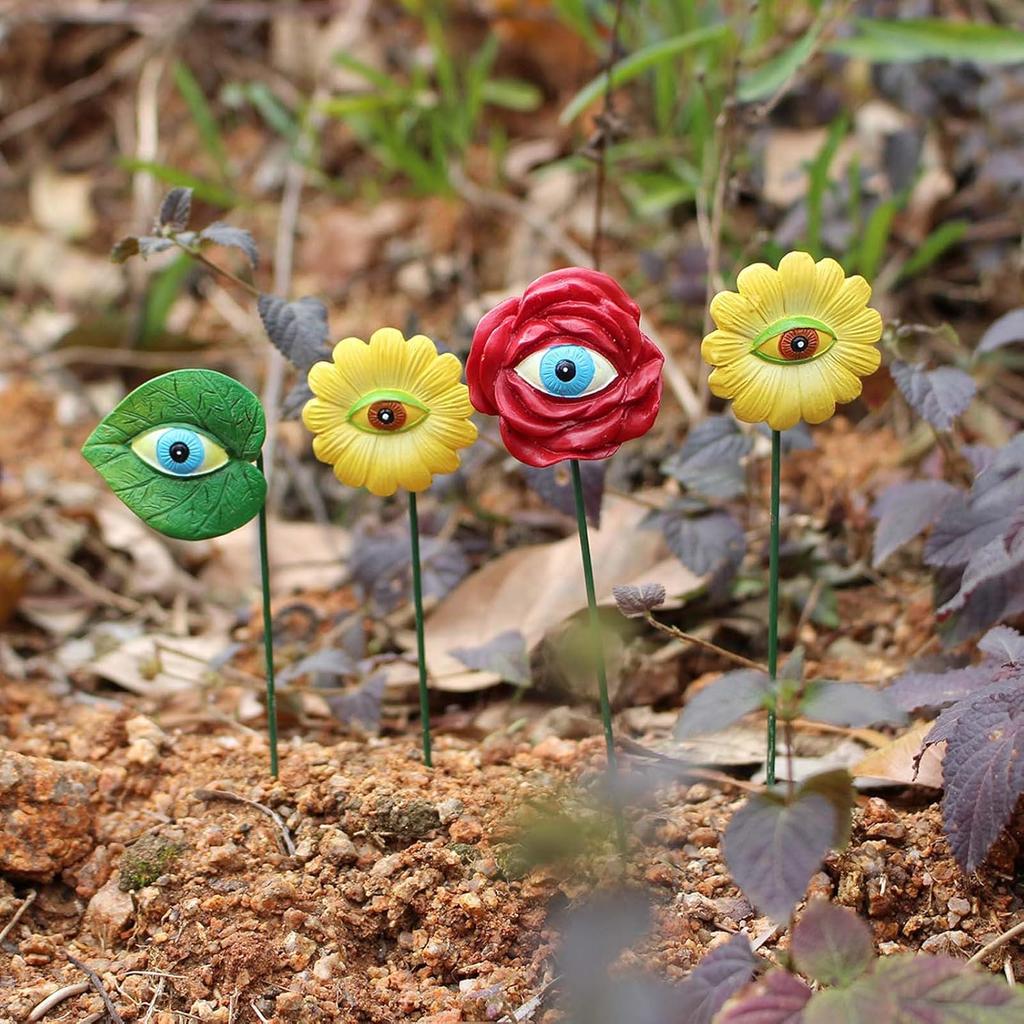 6PCS Resin Plant Eyes Stakes, Rose Sunflower Green Leaves Plant Eyes Garden Stakes Funny Floral Plant Pick Ornaments for Indoor,Outdoor Yard