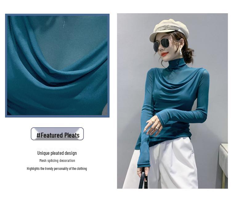 European High Neck Mesh Long Sleeve Top - Women's Slim Fit Autumn Shirt