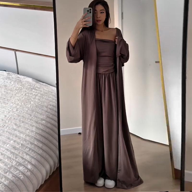 Women's Loose Leisure Co-ord Set Long Sleeve Cardigan Tube Top High Waist Wide Leg Loungewear Set