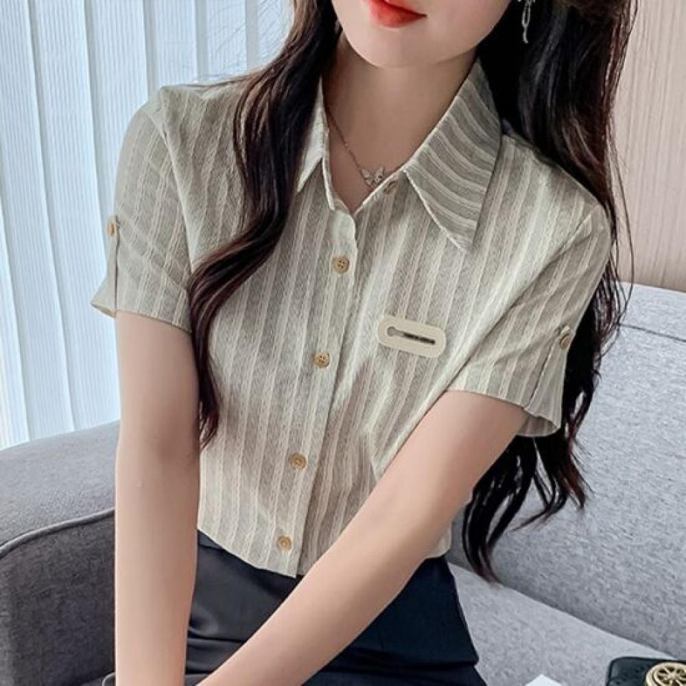 Navava Women Retro Stripe Button Collar Short Sleeve Shirt Blouse Nb3154