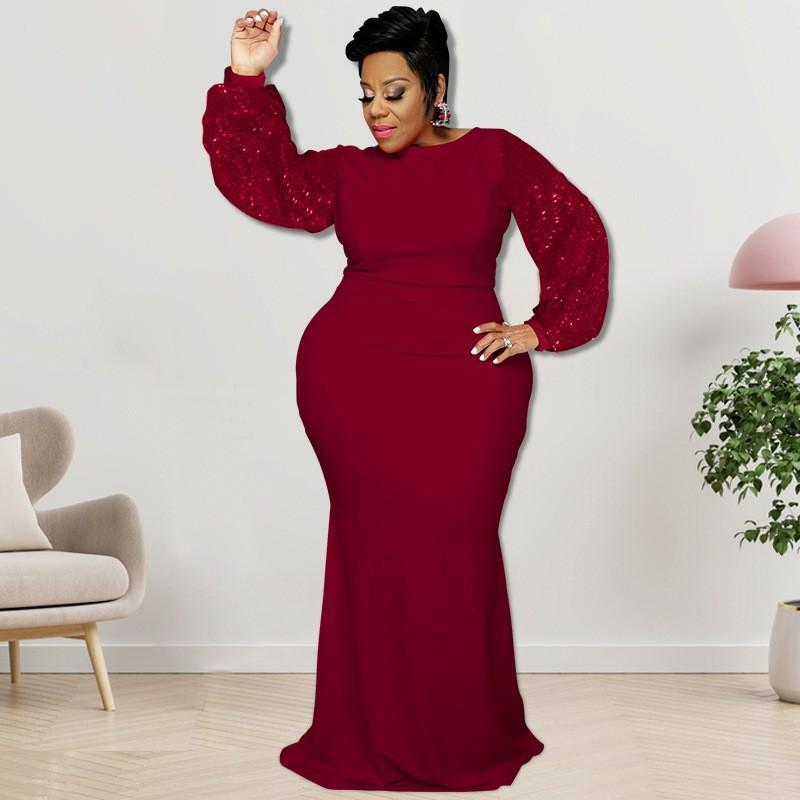 Plus Size Women Long Sleeve Sequin Midi Dress Elegant Office Wear Gray Blue Burgundy Orange XL 2XL 3XL 4XL 5XL Collection