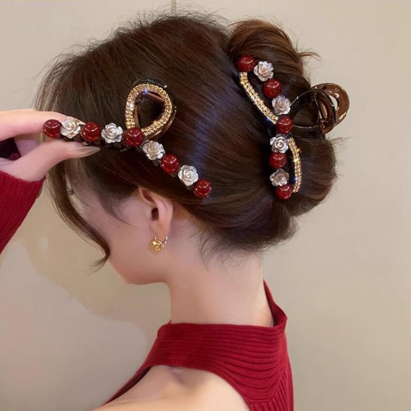 Camellia Pearl Hair Clip Girls Elegant Ponytail Clip Shark Clip Sweet Big Crab Claw Hair Accessories Headwear