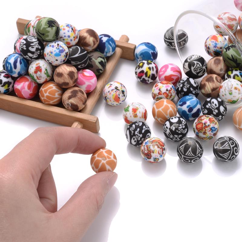 10Pcs 15mm Colorful Print Leopard Pattern Silicone Beads Ball Shape Teething Jewelry Beads For Teether Pacifier Chain Necklace
