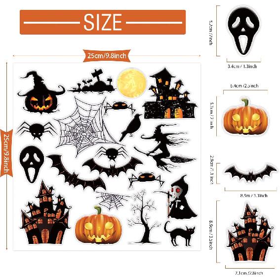 Halloween Thick Gel Clings for Window Glass Miror Decoration Scary Gel Clings Decals for Spooky Hunted House Spider Bat Witch Pumpkin Sticker Party