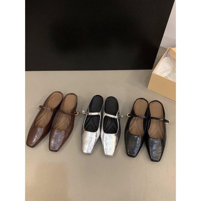 Coarse Heel Silver Bag Head Half Slippers Women's Shoes Wear Mary Jane Half Single Shoes
