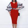 Large Size Women Summer Fashion Flare Sleeves Dress Ladies One Piece V Neck Sheath Dress with Belt