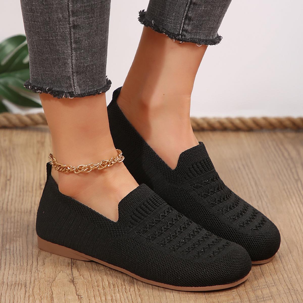 

Женские туфли на плоской подошве с острым носком, однотонные вязаные туфли без шнуровки, повседневные дышащие балетки на плоской подошве, женские туфли на плоской подошве, женские лоферы 43 чёрный