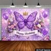 Sfondo Compleanno Farfalla Viola 2D Corona Floreale Festa Ragazza Photo Booth Banner