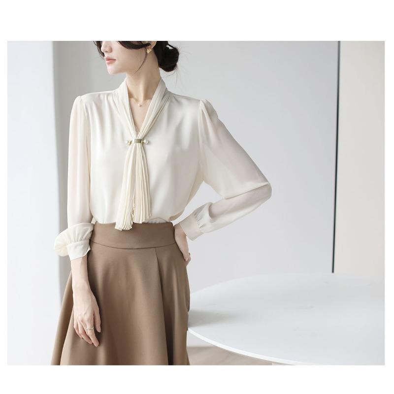 Spring and Autumn New Style French Gentle Commuting Retro Niche Streamer Long-sleeved Shirt for Women