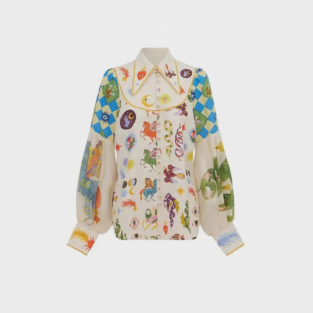 Stylish Graffiti Print Lantern Sleeve Cardigan Shirt with Lapel - European & American Design