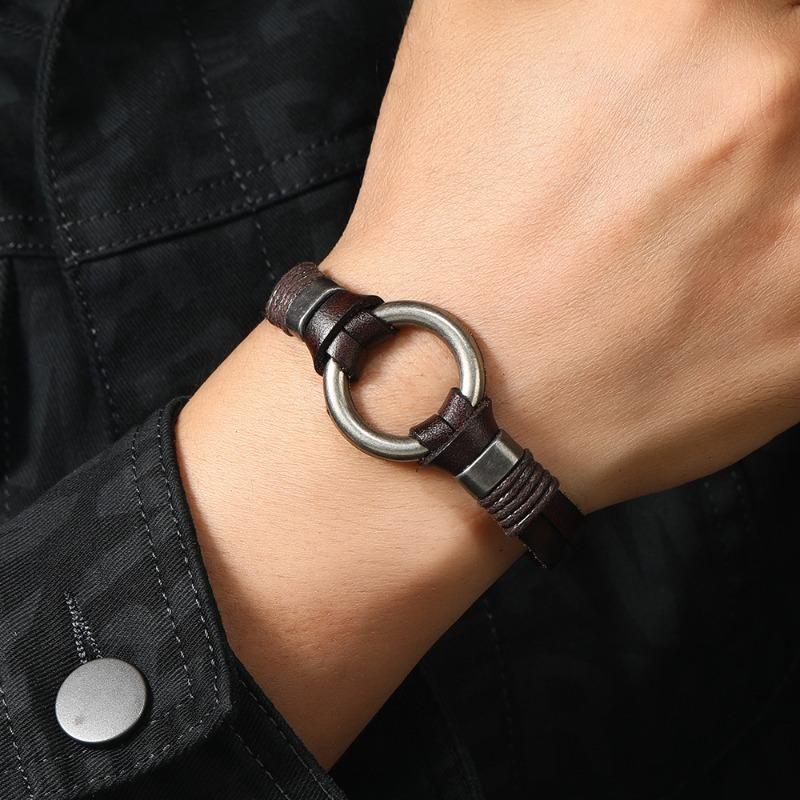 1Pc Fashion Trendy Men's Bracelets, Simple and Versatile Multi-layer Woven Men's Cowhide Bracelets, Street Retro Bracelets