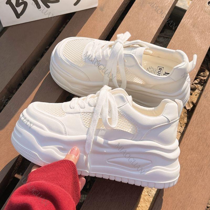 Fashion New Summer Round-toe Lace-up Casual White Thick-soled Vulcanized Shoes Comfortable Flat-soled Fashion Mesh Sneakers for Women
