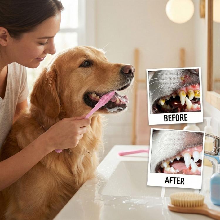 Efficient Pet Toothbrush For Dog And Cats with Double Head Design Removes Tartar Promote Freshed Breath Comfortable Grip