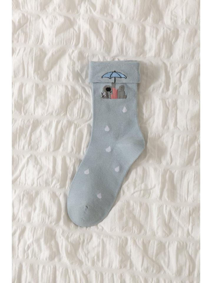 

Очаровательные японские носки до середины икры с бантом - Милые мультяшные полоски для женщин, Идеальны для осени/зимы. One Size синий