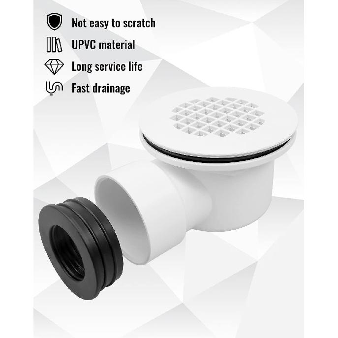 Low Profile Shower Drain Base with 1-1/2" Reducer Pipe Fitting and Perforated Strainer, for 1.5 inch Side Outlet Drain and Shower Base PVC Drain