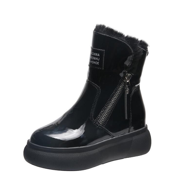 

Зимние зимние сапоги на толстой подошве с боковой молнией, плюшевые и утолщенные короткие зимние ботинки для женщин на покатом каблуке и модные хлопковые туфли 35 чёрный