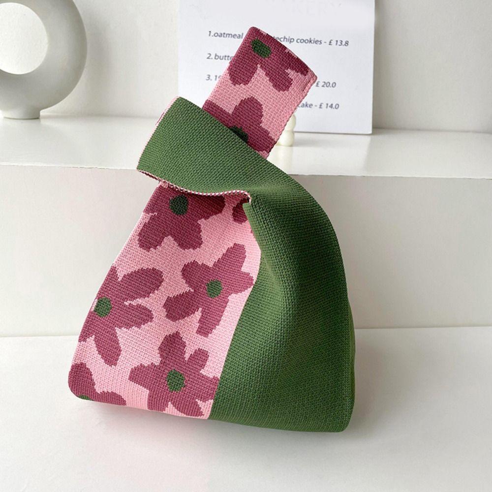 Women Girls Reusable Knit Handbag Heart Flower Wrist Bag Handmade Knot Tote Bag Shopping Bags Outdoor Casual Accessories