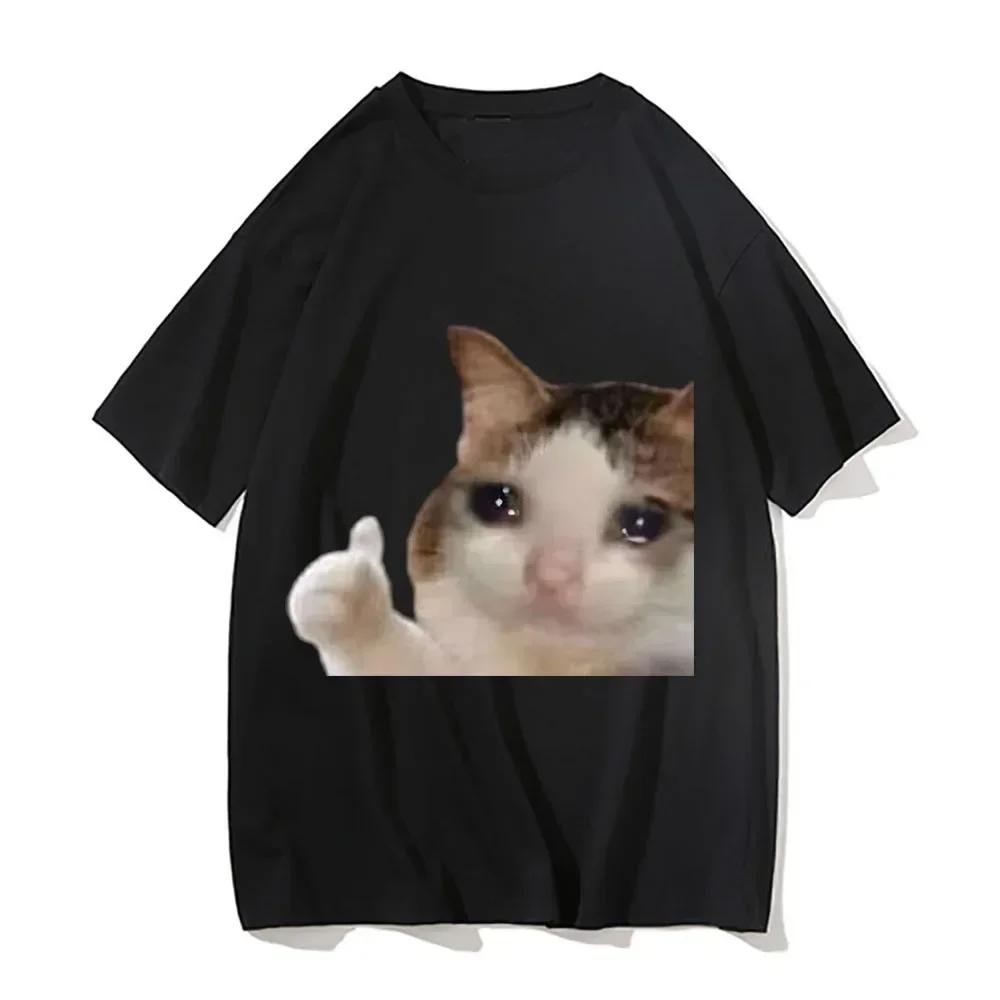 Sad Cat Face T-shirt Women's Short Sleeve Fun Pattern Soft and Comfortable Suitable for Daily Wearing