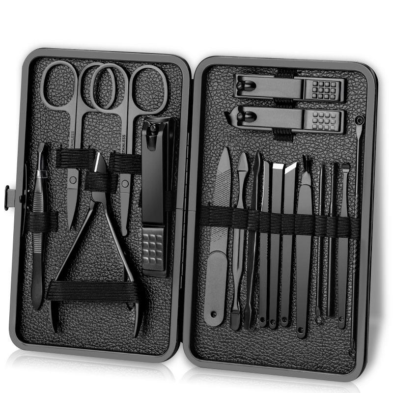 Black Stainless Steel Nail Clipper Set with Dead Skin Nippers, Pedicure Knife, and Blackhead Needle.