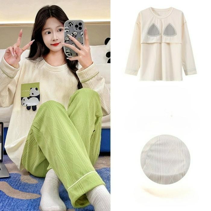 

Spring and Autumn Imitation Cotton Jacquard Long-sleeved Pajamas with Chest Pad Women s Suit Girl Sweet Cartoon Home Service S