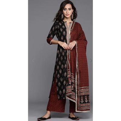 Ensemble Kurti Droite en Coton Imprimé Noir pour Femme avec Palazzos et Dupatta Haut Tunique VFP-1833a