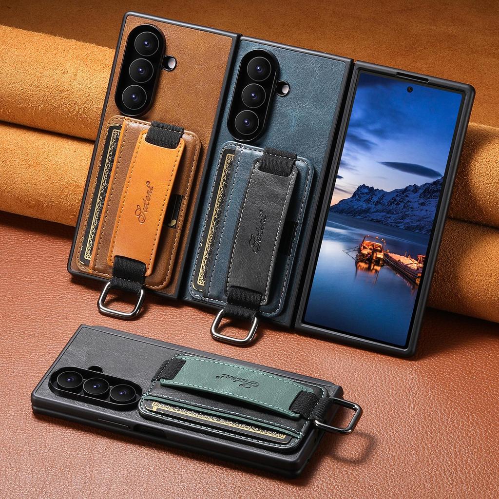 SUTENI Oil Wax Texture Leather Case for Samsung Z Fold 7/6/5 with Wrist Strap, Card Slot, and Stand