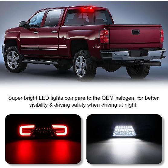 LED Third Brake Light Replacement for 2014-2018 Silverado Sierra 1500 2500HD 3500HD Smoked Lens High Mount 3rd Brake Light White Cargo Light Lamp