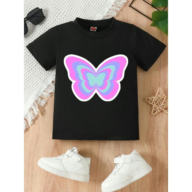 

European sizes Girls Short-sleeved T-shirt with Colorful Butterfly Print, Elegant, Sweet and Cute, Perfect for Vacations, Commuting, Parties 98cm чёрный