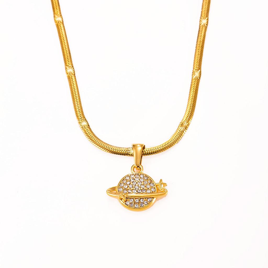 18K Gold-Plated Star & Moon Diamond Pendant Stainless Steel Necklace for Women