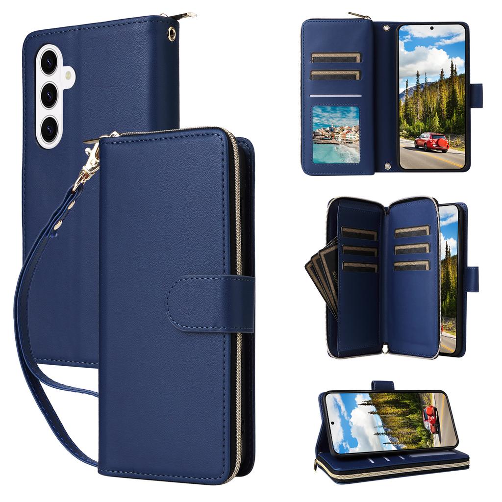 For Samsung Galaxy S26+ Case 9 Card Slots Zipper Pocket PU Leather Phone Cover with Wrist Strap