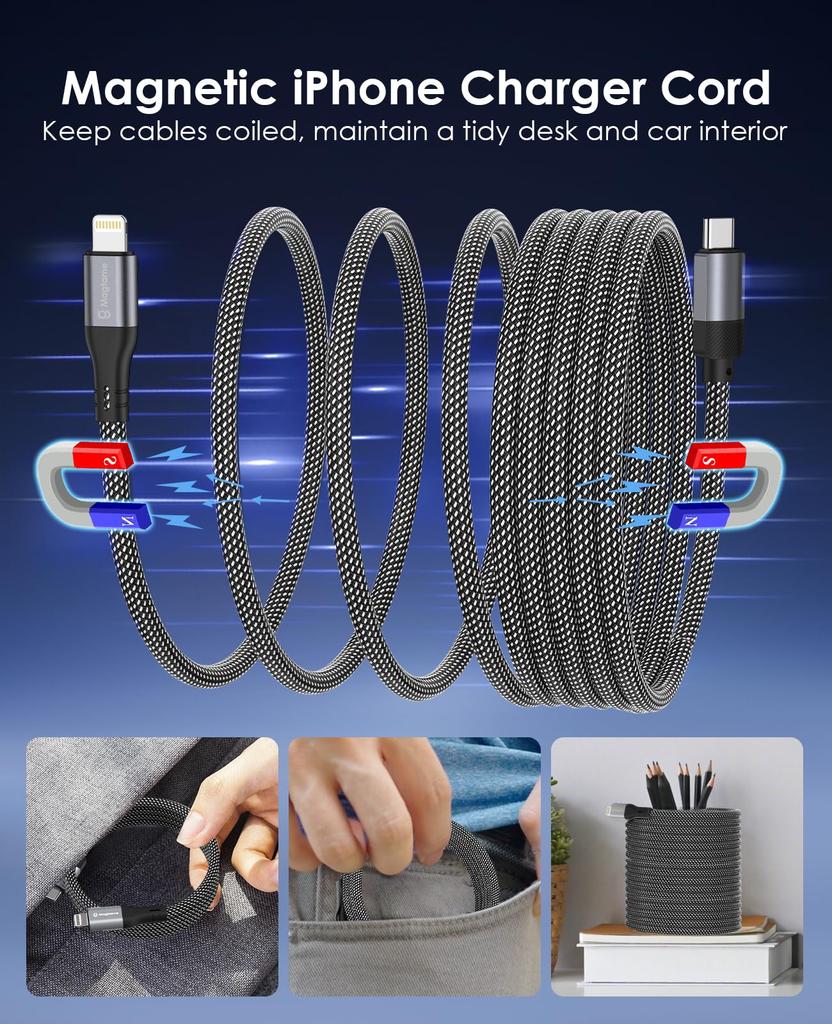 Magtame Lightning to Magnetic to 3A Fast MFi iPhone Charging Cable with Memory Compatible with iPhone Pro USB-C Cable, Adsorption, Tangle-Free, Type-C