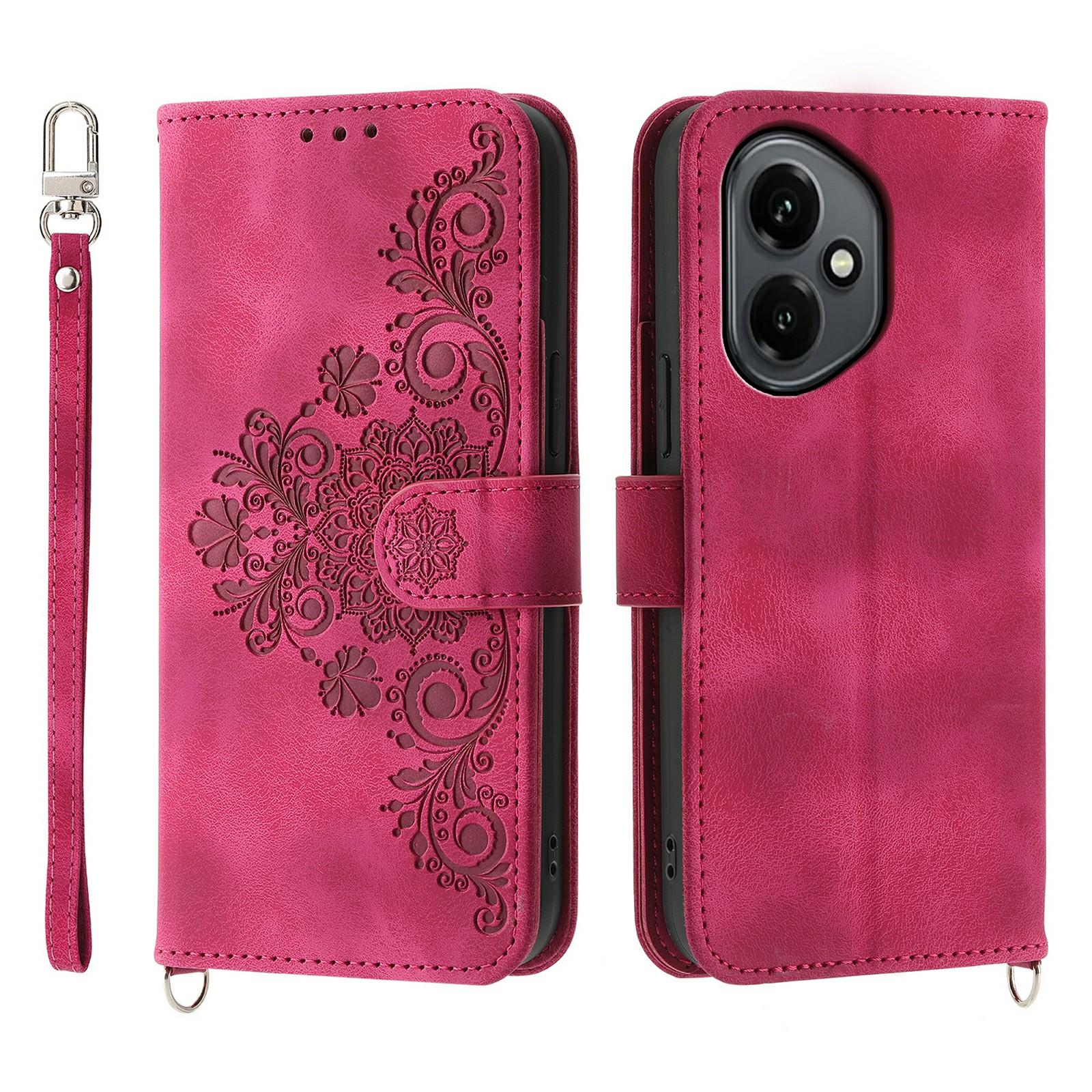 

Для Honor 400 5G (Глобальный) Чехол-кошелек из искусственной кожи с цветочным узором и ремешком Wine Red