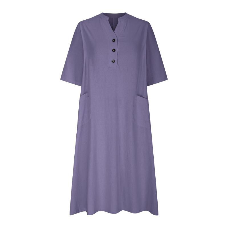 Women's Three-button Pocket Dress Women's Mid-length V-neck Half-sleeved