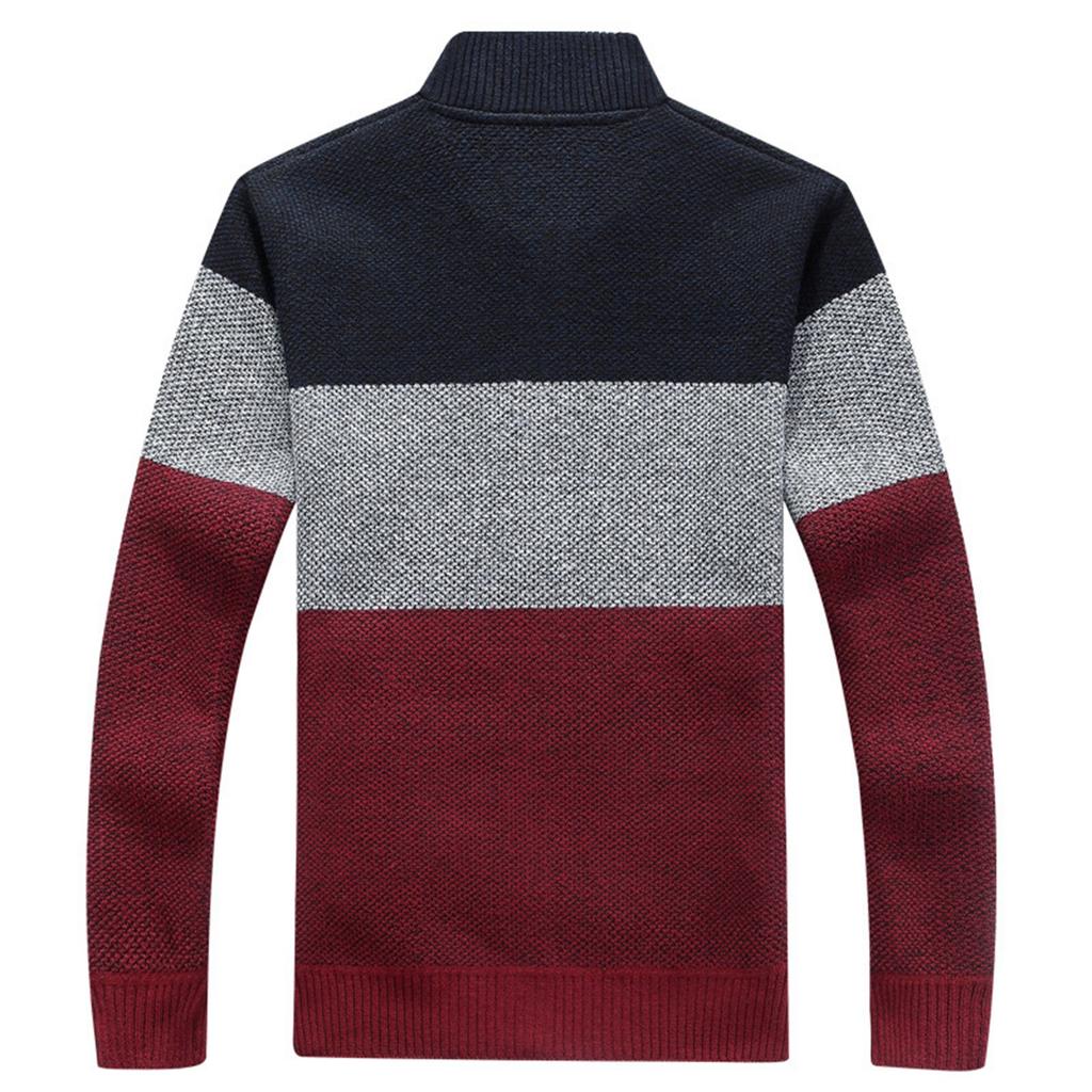 Men's Long-sleeved Stand-up Collar Colorblock Plush Thickened Cardigan Sweater Slim Fit Casual Sweater