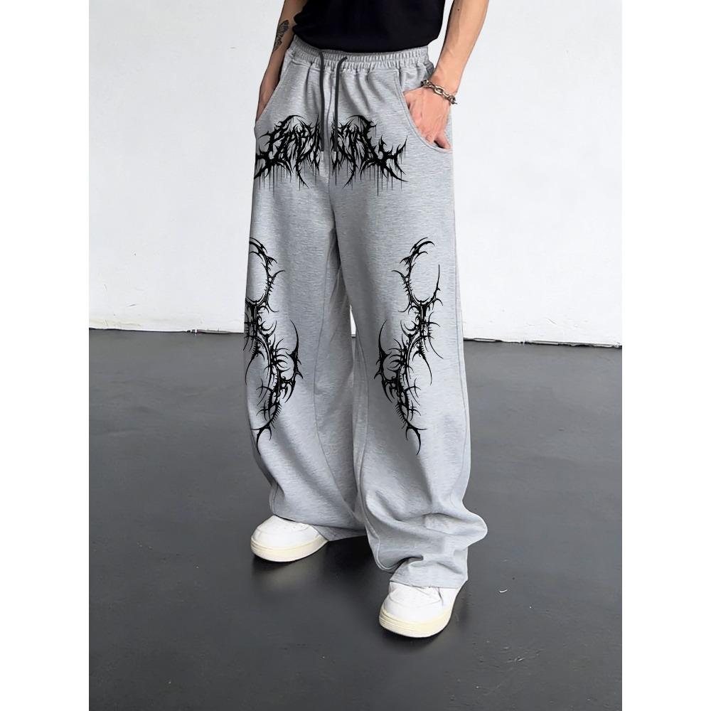 Black Loose Wide Leg Men's Sports Pants, Street Style Cool Flame Pattern, Drawstring Closure Street Style